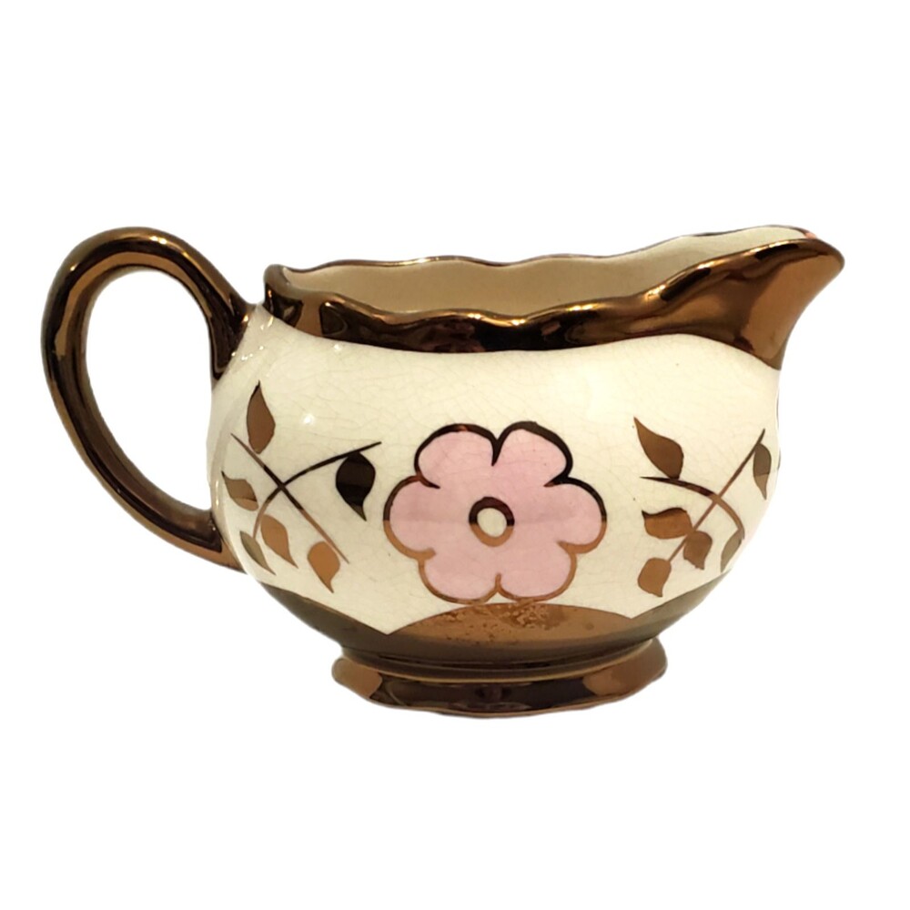 Vintage English Sandland Ware Creamer Ivory w/ Pink Flowers Copper Accents